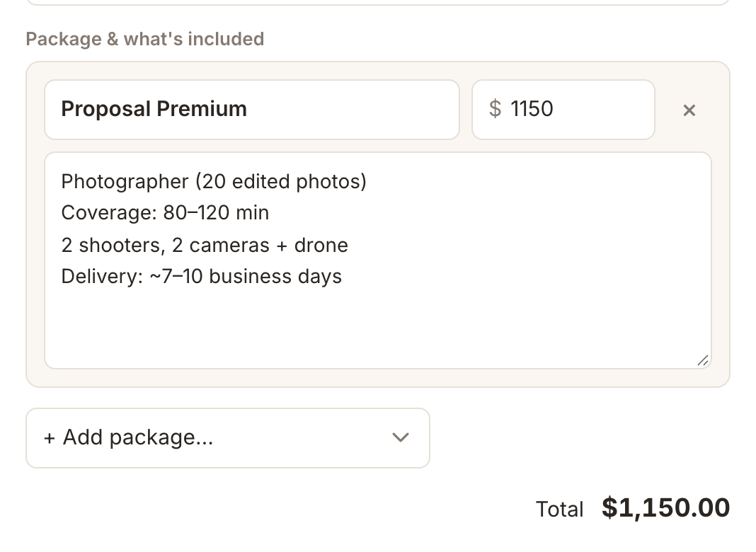 The package section with a package added