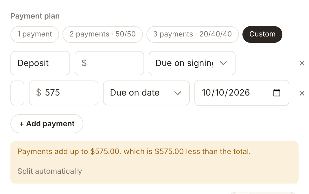 The Payment plan options with 2 payments selected
