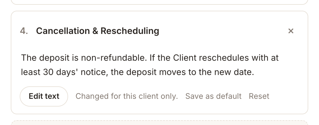 An agreement section being edited, with Save as default