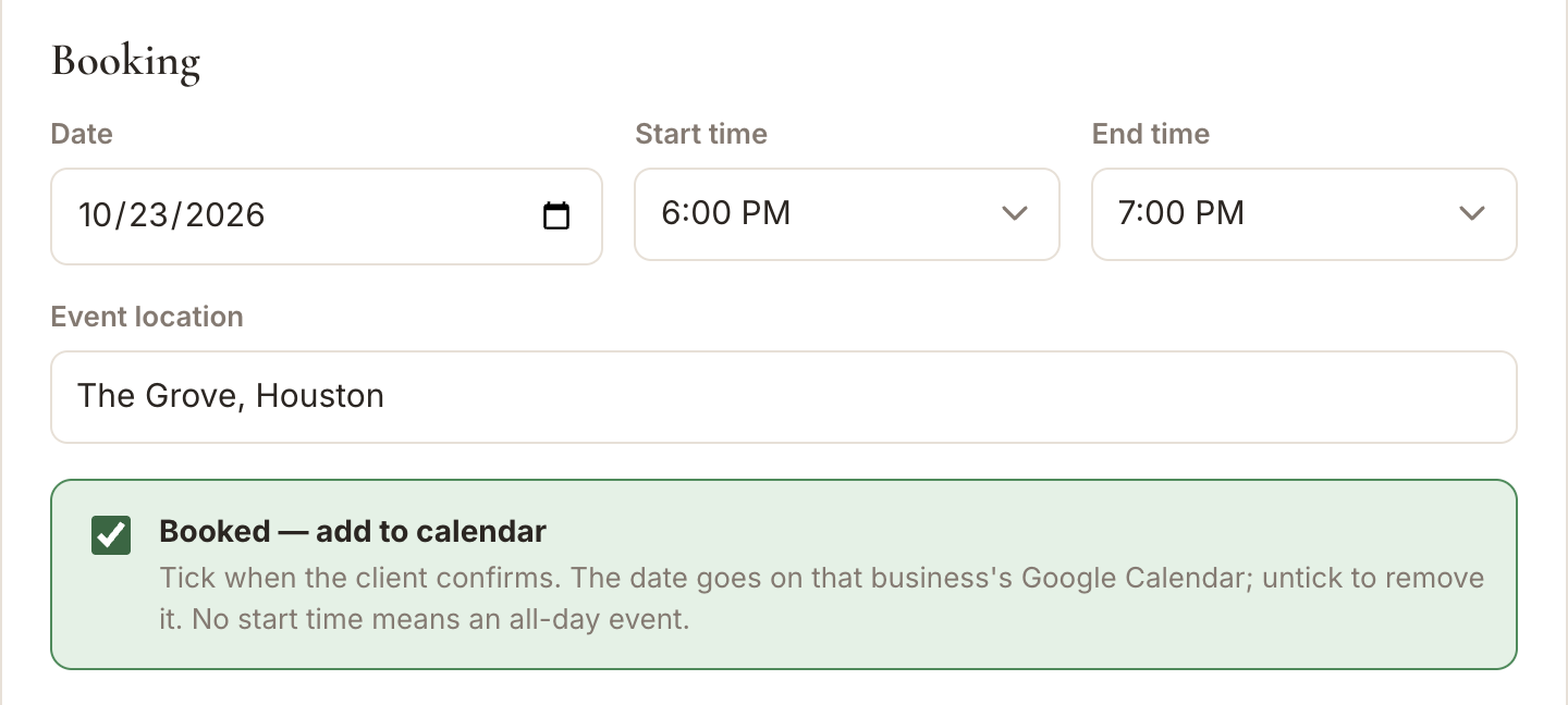 The Booked — add to calendar checkbox ticked on the client form