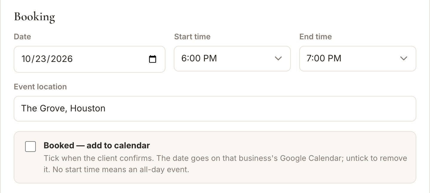 The Booking section of the client form: date, start time, end time, event location and the Booked checkbox