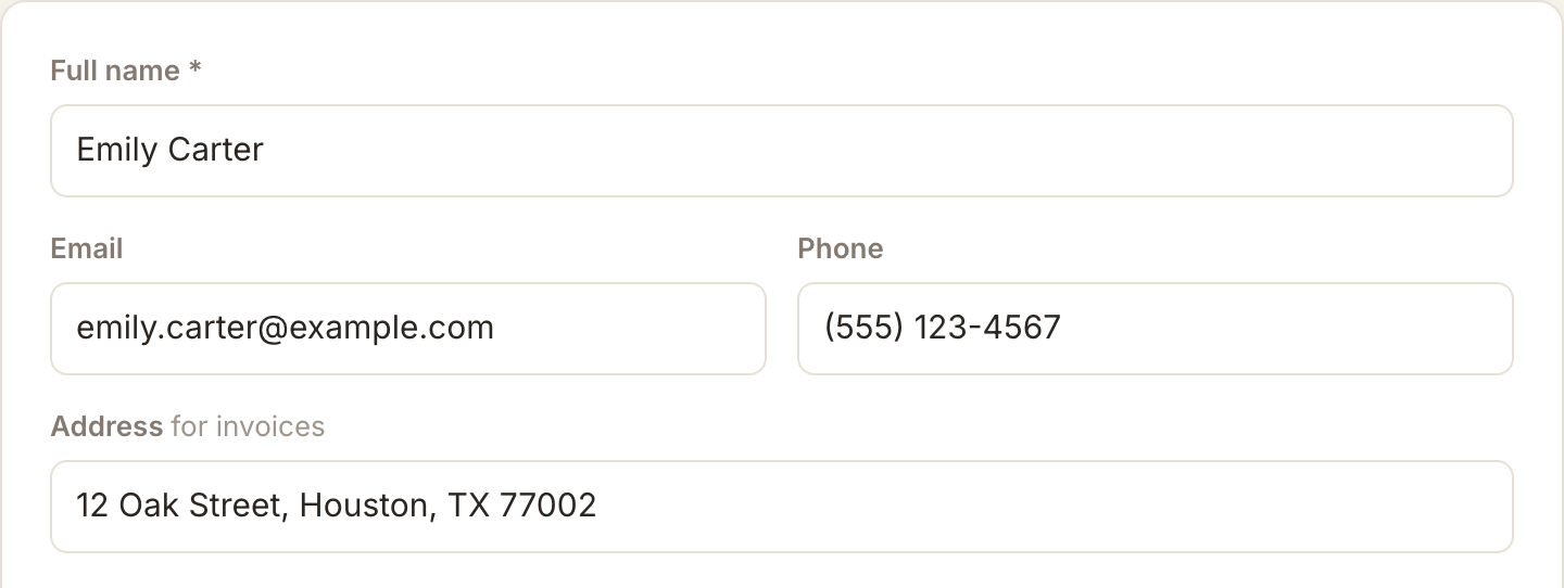 The client form with name, email, phone and address filled in