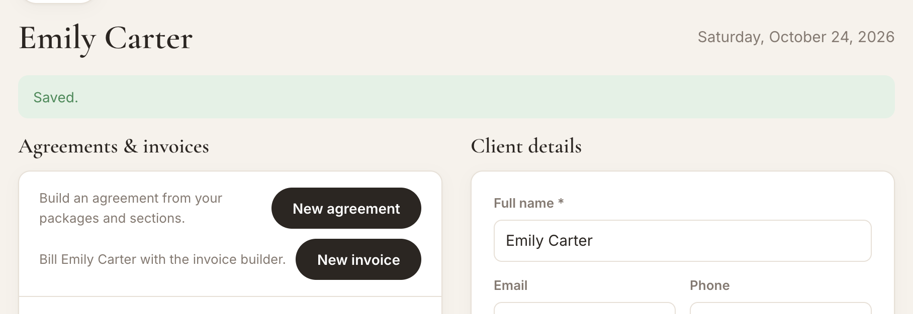 A saved client with the Agreements and invoices section