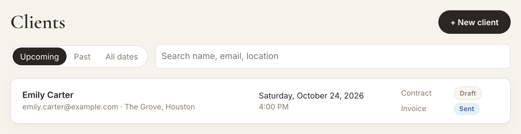 The Clients page with the + New client button