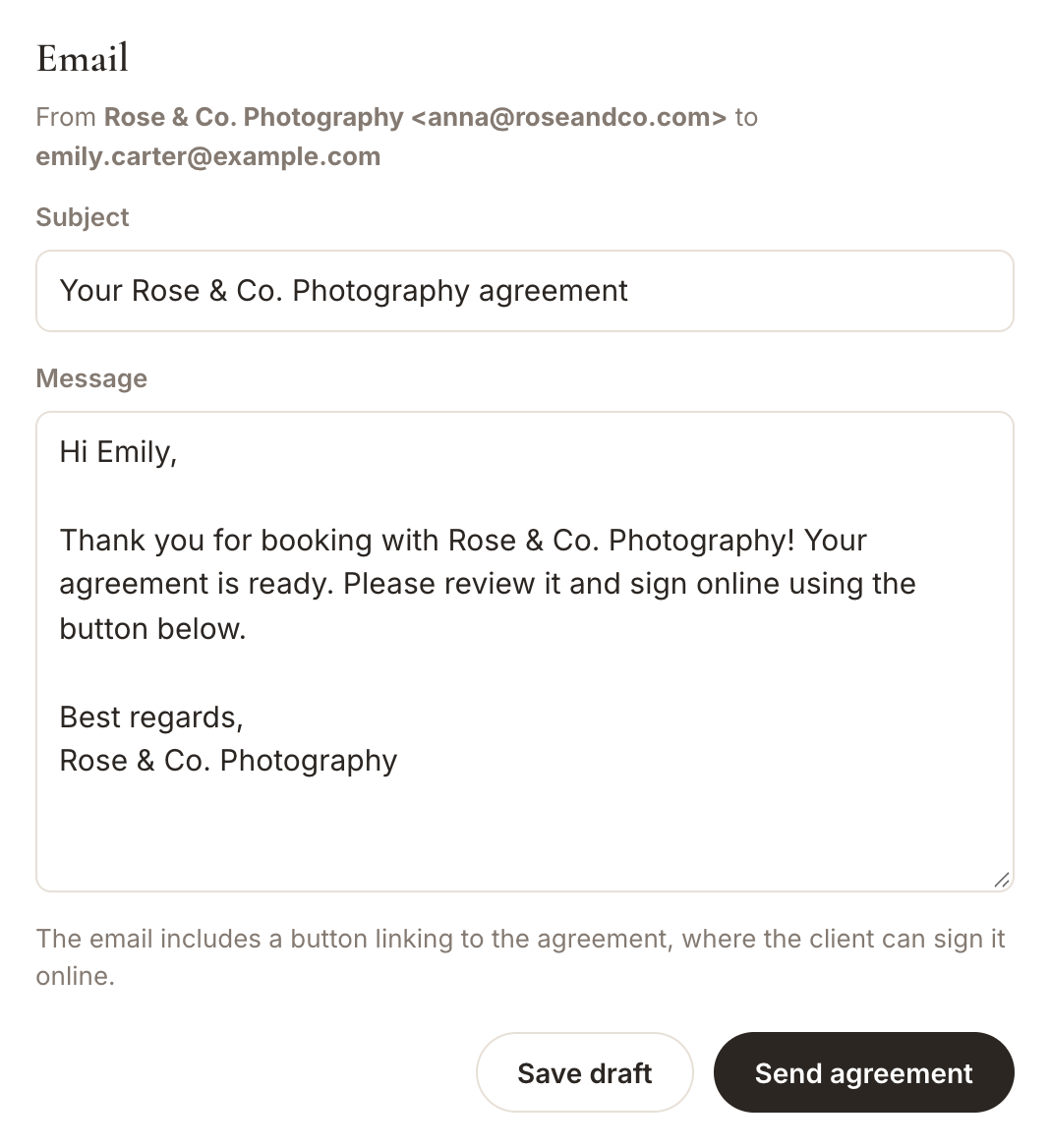The email box with the Send agreement button