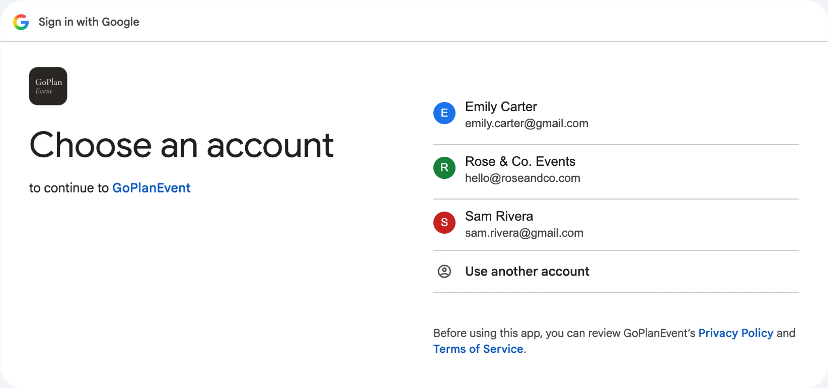 Google's Choose an account screen