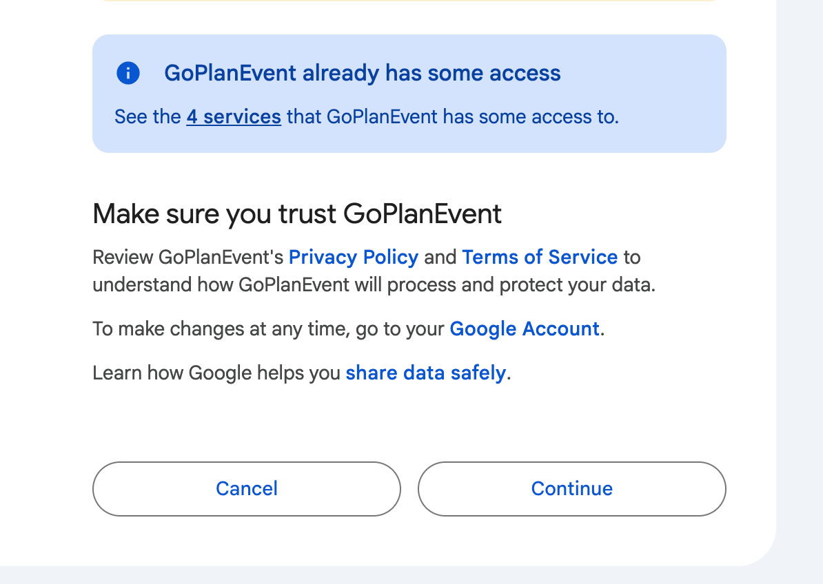Google's screen asking you to confirm, with the Cancel and Continue buttons