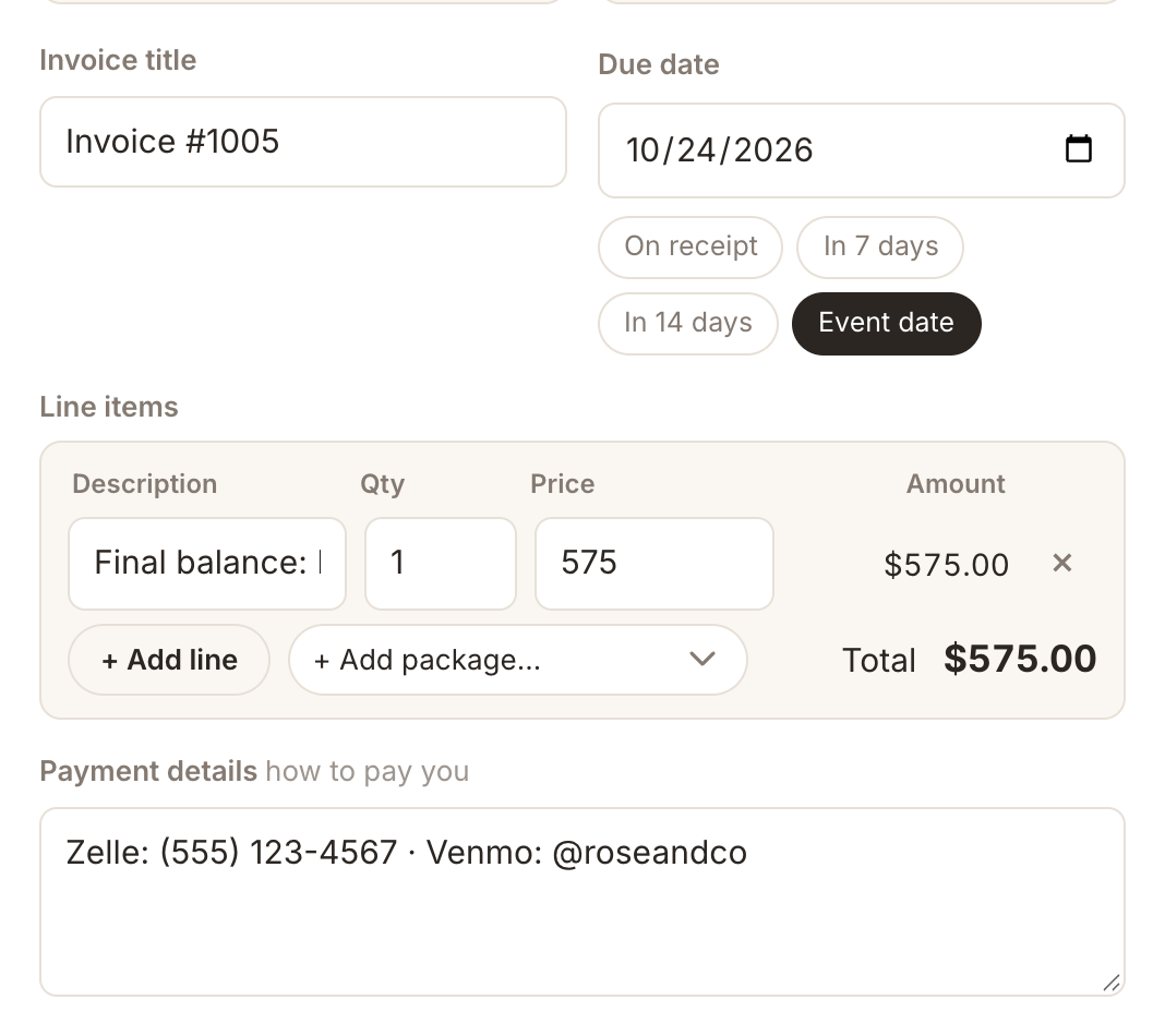 The invoice due date, line items and payment details