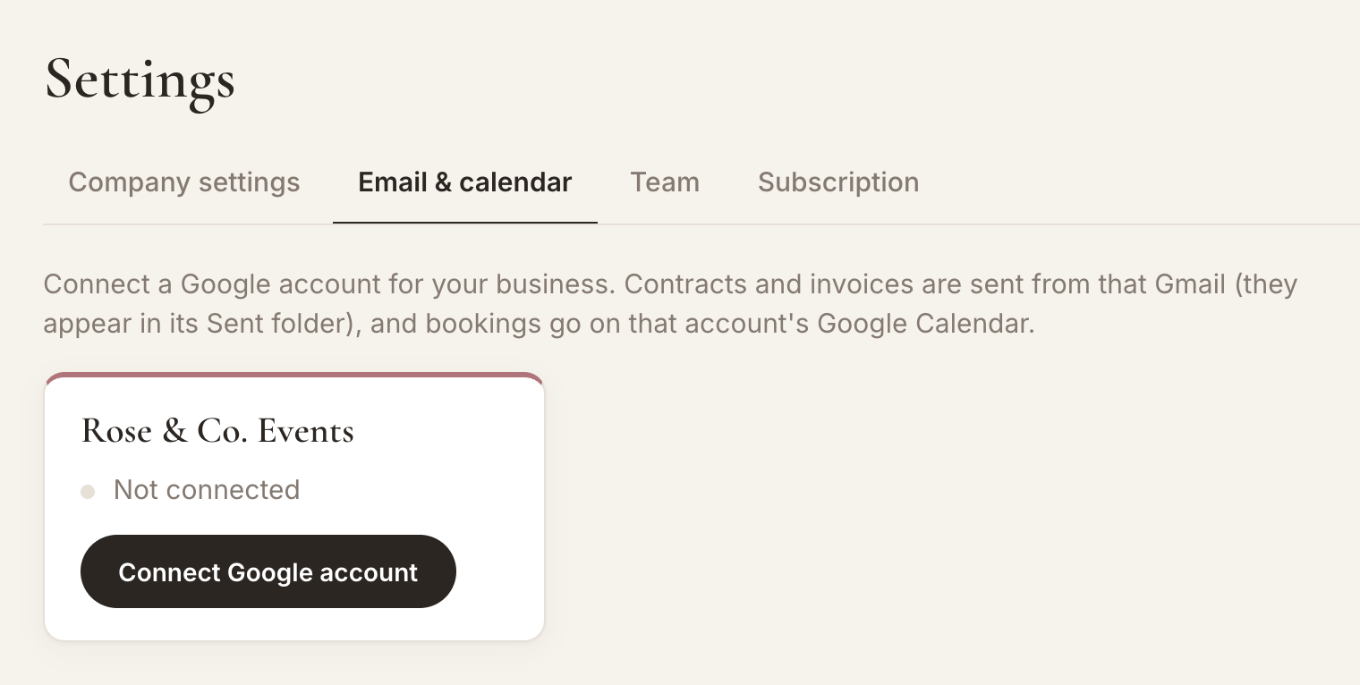 Settings, Email & calendar tab, with a Connect Google account button for each business