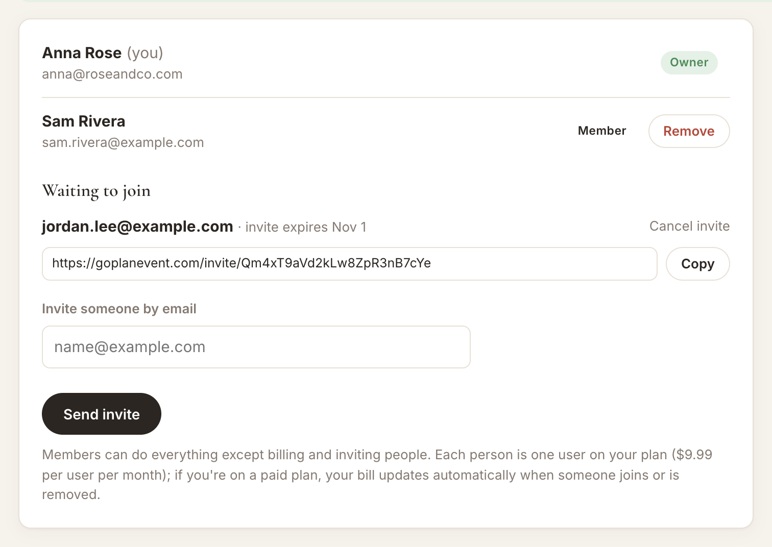 Inviting someone by email, with a waiting invite and its link