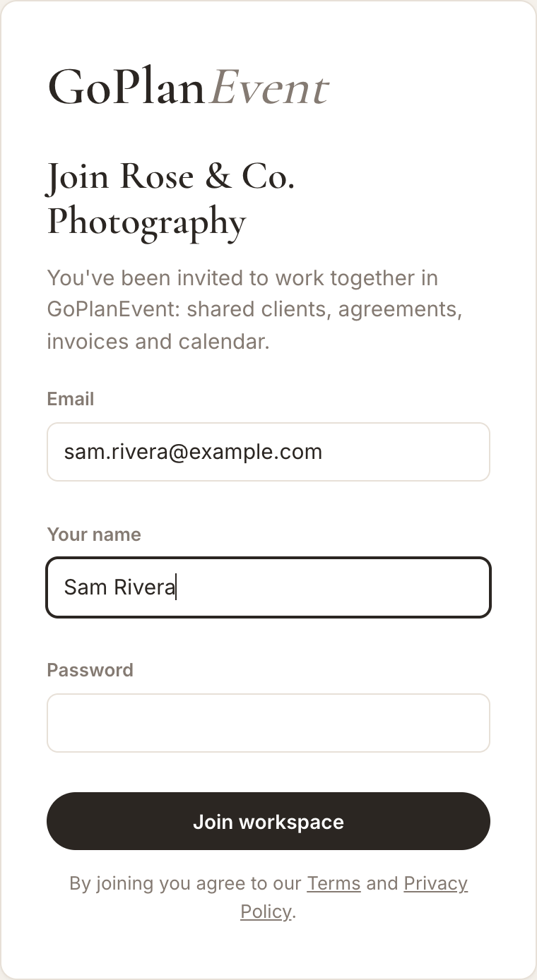 The page where an invited person joins the workspace
